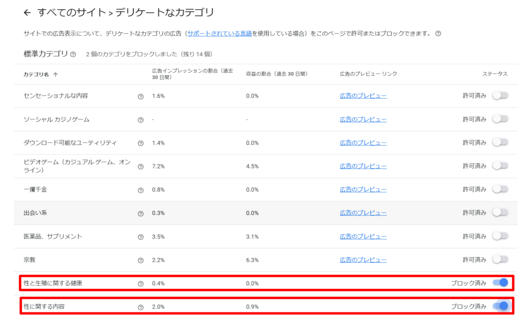 カテゴリ全てをブロックする方法２