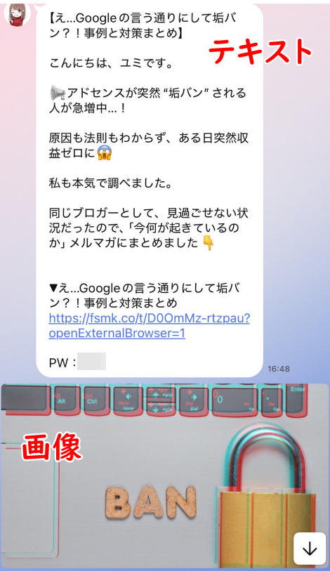 プロラインフリーでテキストと画像を一緒に送った場合のイメージ